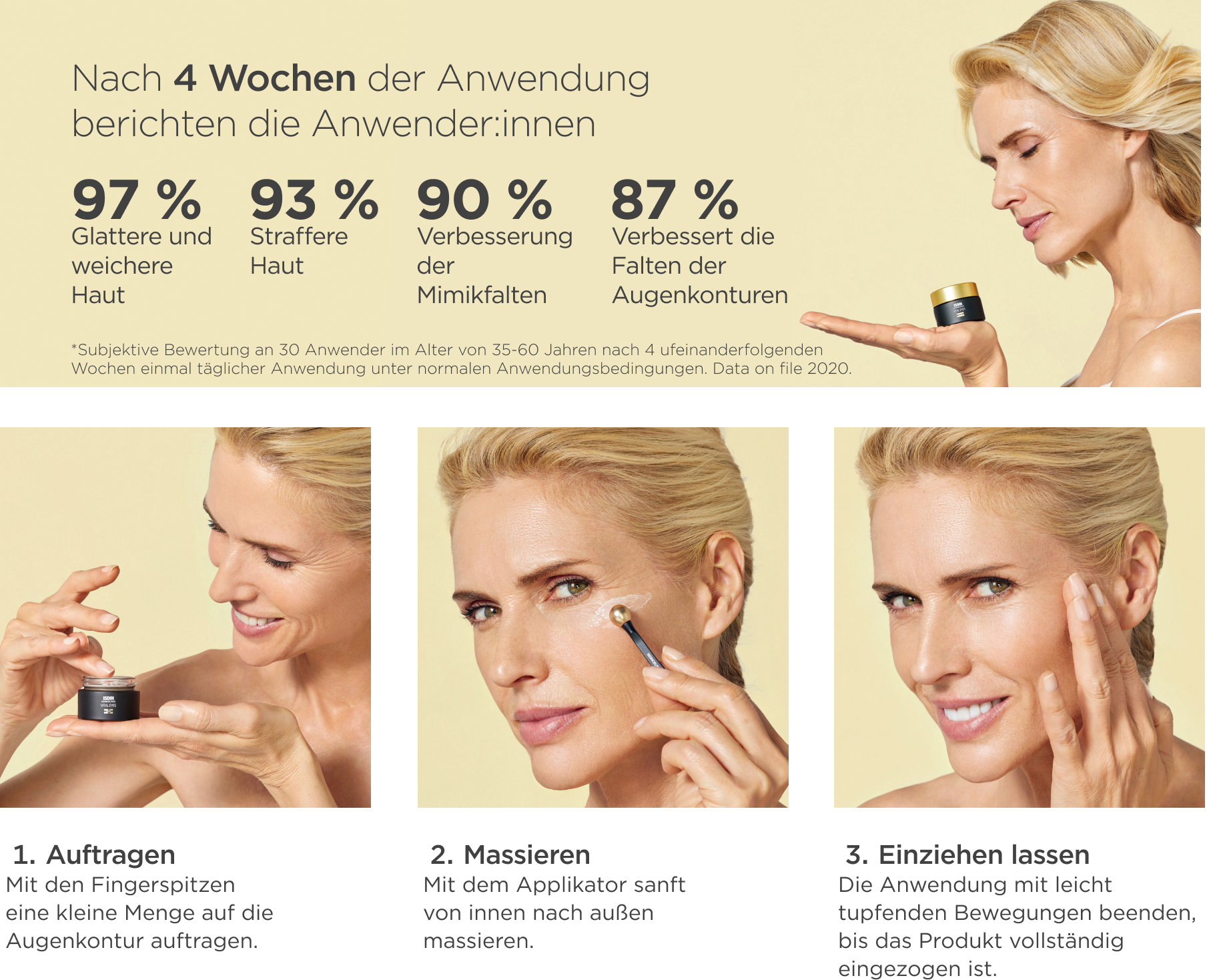 Text: Nach 4 Wochen berichten Anwender:innen. 97% glattere Haut, 93% straffere Haut, 90% weniger Falten.